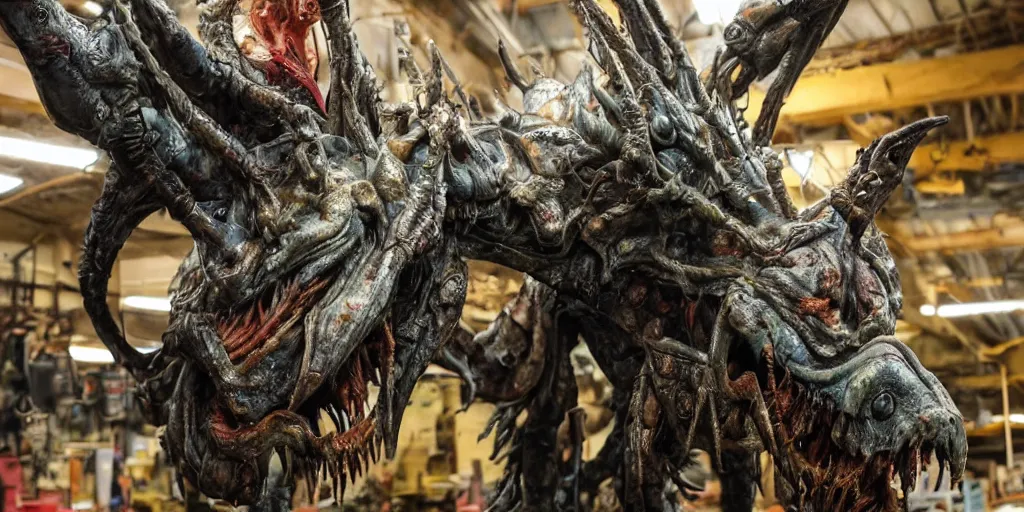 Prompt: photo taken of an epic intricate, ultra detailed, super realistic gritty, hero prop, exquisitely painted animatronic movie prop of a grotesque nightmarish hellish alien creature displayed in the workshop, created by weta workshop, full body shot, photorealistic, sharp focus