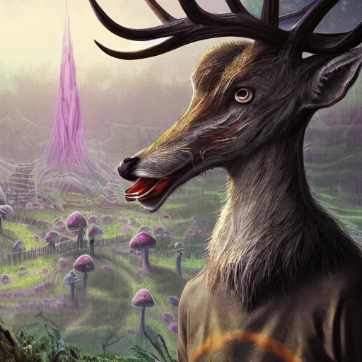 Image similar to 4 k headshot portrait of a psychedelic demonic anthropomorphic deer - horned wendigo smoking a hand - rolled cigarette smoking heavily, magic mushroom village in background. award winning. superb resolution. in the art style of junji ito and greg rutkowski. detailed mushroom city in background. hyper realistic anime. perfect art. dalle 2