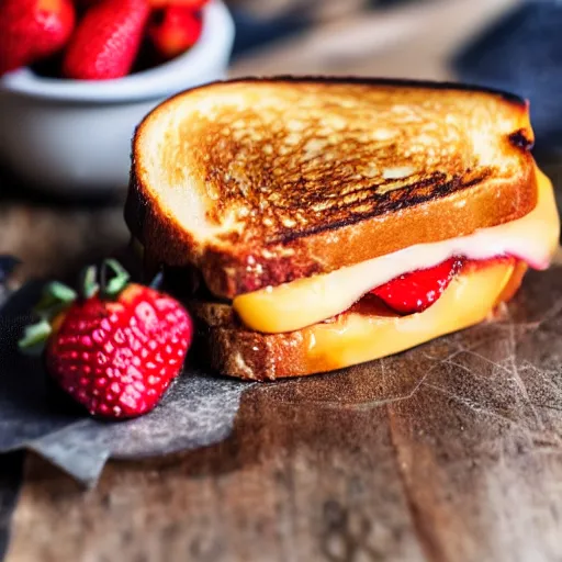 Prompt: a 5 0 mm macro shot of a grilled cheese sandwich with bananas and strawberries