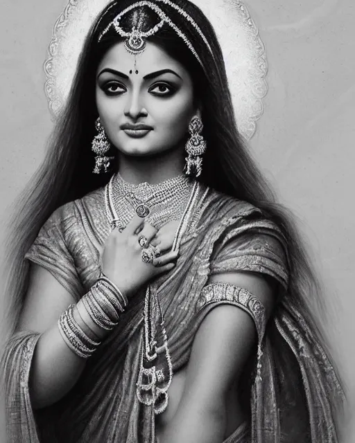 Image similar to Aishwarya Rai as a beautiful Hindu Goddess, gorgeous, portrait, Symmetrical, powerful, intricate, beautiful, masterpiece, elegant, volumetric lighting, highly detailed, digital painting, hyper-realistic, artstation, sharp focus, no blur, illustration, William-Adolphe Bouguereau Raja Ravi Verma, ruan jia