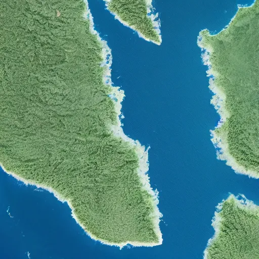 Image similar to satellite picture of large island in the middle of the ocean, water is blue and trees are green and lush, mountains are visible through the trees