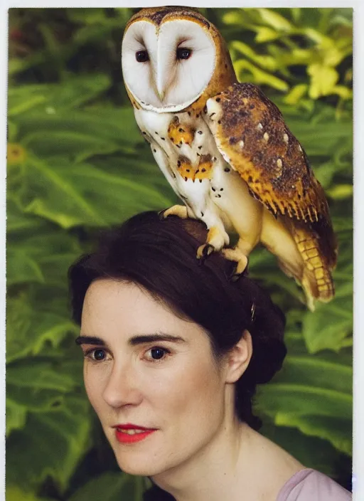 Image similar to head to shoulder portrait Polaroid film photograph of an elegant lovely woman wearing a yellow kimono with a very detailed barn owl on her shoulder!!! in a tropical greenhouse. looking at the camera!!. slight smile. super resolution. Extremely detailed. face like Jennifer Connelly. Pre - raphaelit .Polaroid 600 film.by WLOP.