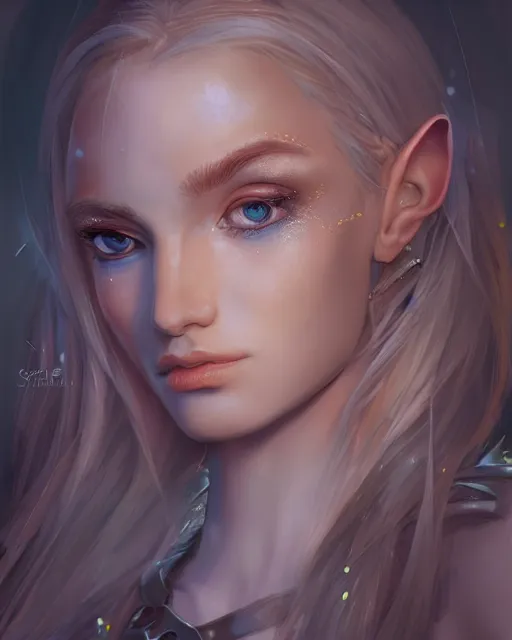 Prompt: beautiful female elf with shimmering hair, symmetrical face and eyes, by Jana Schirmer, cgsociety