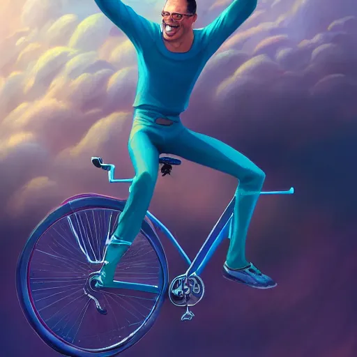 Prompt: centered detailed full body character concept of a happy man flying in the sky on his bicycle in the clouds, realistic character concept, vibrant colours, elegant pose, fantasy, illustration, slender symmetrical face and body, artstation, cinematic lighting, hyperdetailed, cgsociety, 8k Resolution, high resolution, Charlie Bowater, Tom Bagshaw, Tom Richmond, insanely detailed and intricate, beautiful, elegant, golden ratio, royal insignia in background