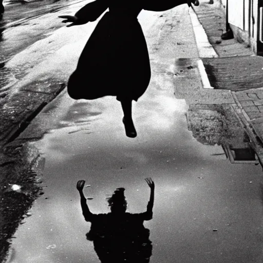 Prompt: A woman wearing a dress leaping over a large puddle in the street, the decisive moment, photographed by Henri Cartier-Bresson on a Leica camera