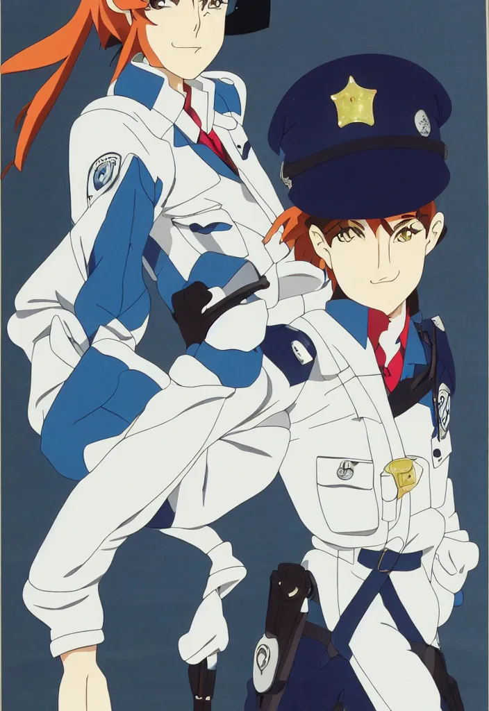 Image similar to a police woman, animation cel for anime movie, designed by haruhiko mikimoto, studio trigger, gainax, subtle colors