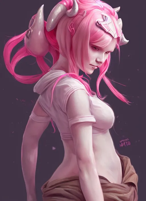 Image similar to a highly detailed illustration of cute smug pink haired pale girl with curved horns wearing oversized pink hoodie, dramatic smirk pose, intricate, elegant, highly detailed, centered, digital painting, artstation, concept art, smooth, sharp focus, league of legends concept art, wlop.