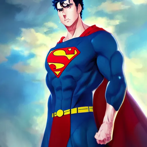 Image similar to A realistic anime superman, digital painting, by WLOP and Rossdraws, digital painting, trending on ArtStation, deviantart