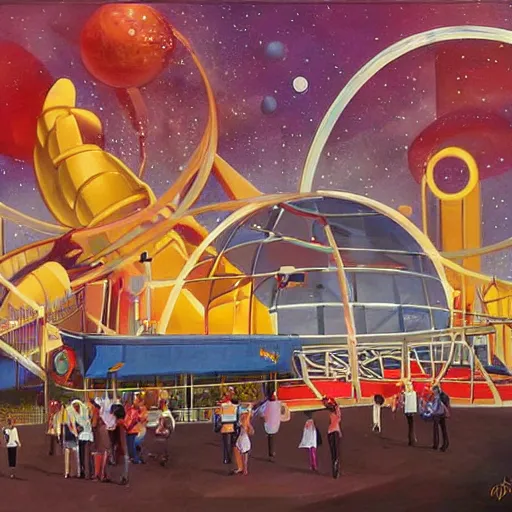 Image similar to the astro orbiter ride at disneyland melting in the heat, surreal painting, high detail