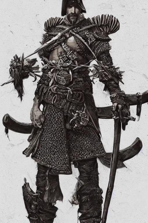 Image similar to a distant shot of a Ukrainian barechest cossack with a sword standing alone on a pile of skulls as a winner, masculine figure, D&D, fantasy, intricate, elegant, highly detailed, extremely detailed, digital painting, artstation, concept art, matte, sharp focus, symmetrical, illustration, art by Artgerm and Greg Rutkowski and Alphonse Mucha