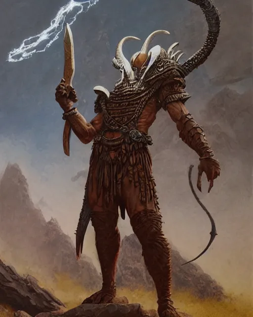 Image similar to full body shot of an ancient warrior standing in a stunic scenic enviornment, d & d, fantasy, greg rutkowski, frank frazetta, alexandre chaudret, boris vallejo, michael whelan, miro petrov, hr giger, magali villeneuve, donato giancola