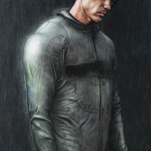 Image similar to man in spacesuit, dark, moody, foggy, made by Sean Yoro and Chie Yoshii, washed colors, high details, realistic