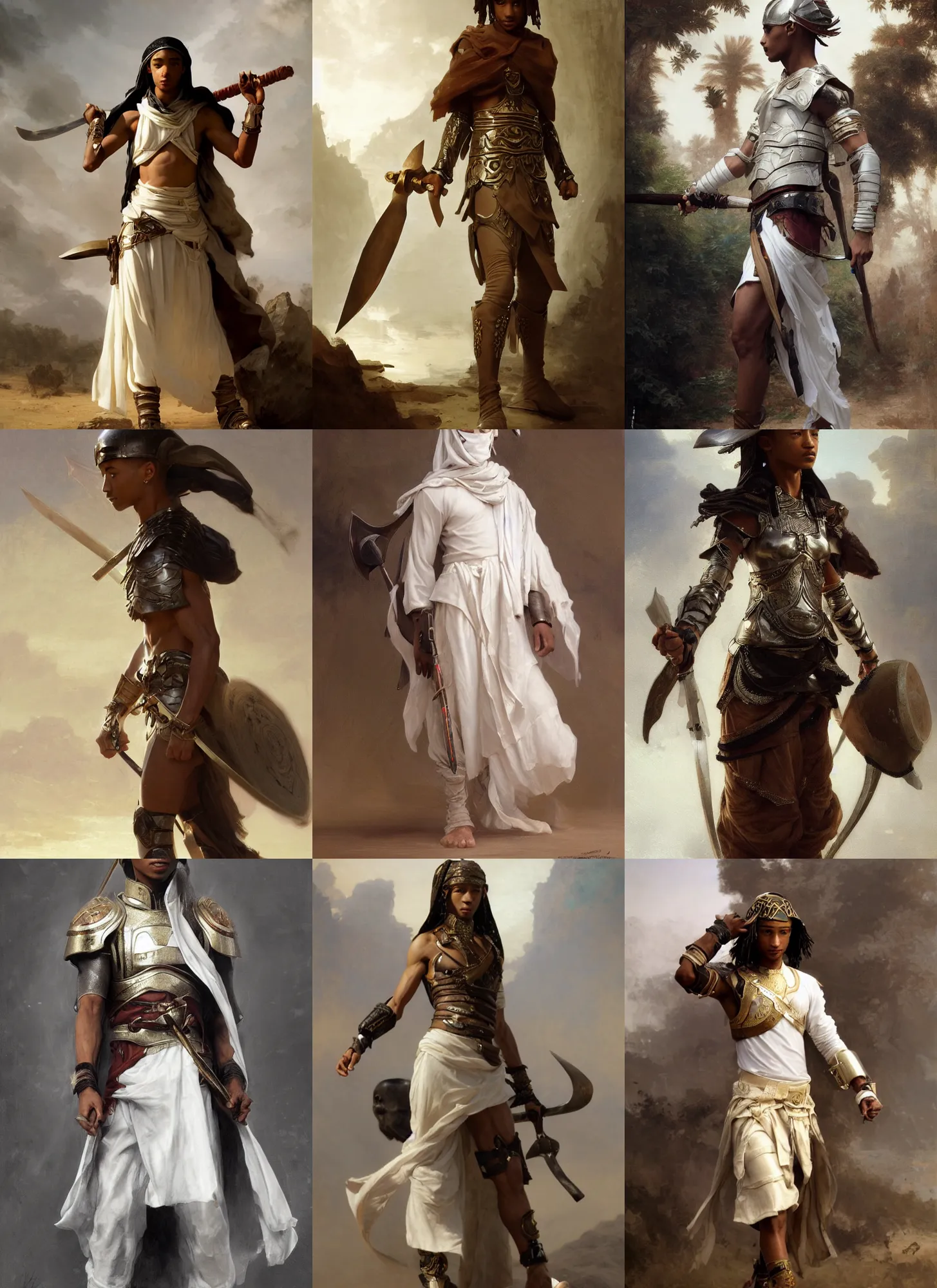 Prompt: jaden smith as ancient libyan warrior, white skirt and leather cap, intricate, elegant, highly detailed, artstation, concept art, sharp focus, ruan jia, jurgens, orientalism, bouguereau