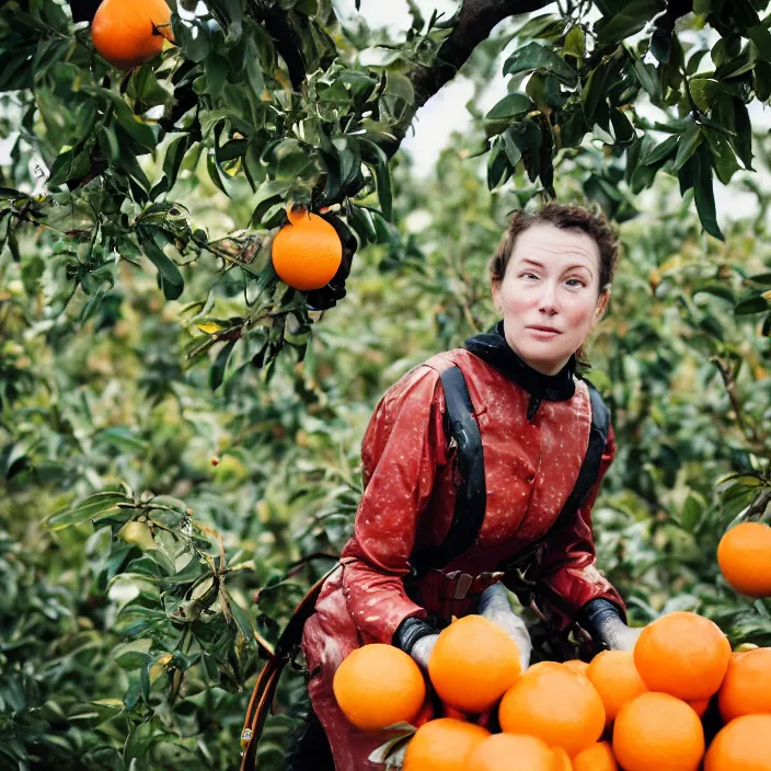 Prompt: a closeup portrait of a woman wearing a vintage diving suit, picking oranges from a tree in an orchard, foggy, moody, photograph, by vincent desiderio, canon eos c 3 0 0, ƒ 1. 8, 3 5 mm, 8 k, medium - format print