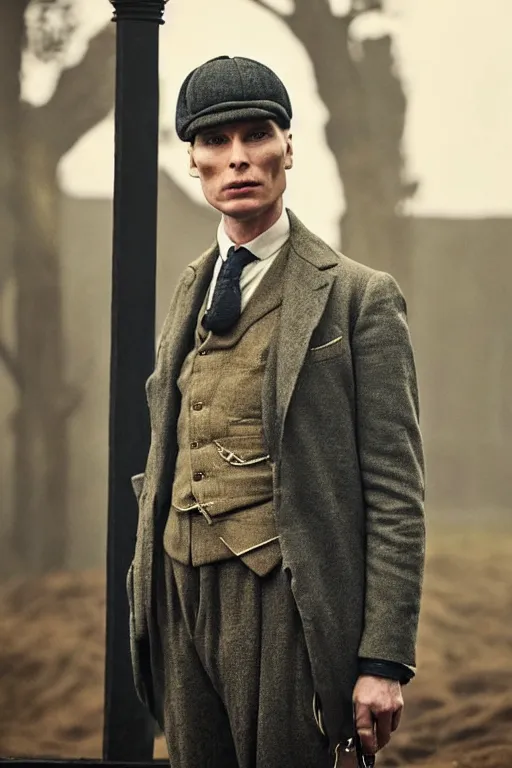 Prompt: Full-body portrait of Cillian Murphy in Peaky Blinders standing, arms crossed on chest, dramatic, gloomy, dark, bleak, cheerless, desolate, impressive, tragic, cinematic, dull colors