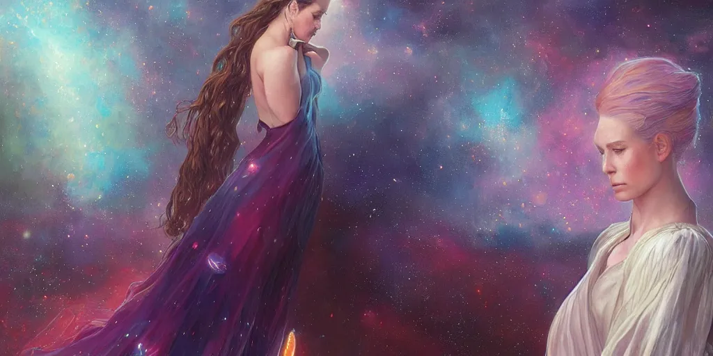 Prompt: girl wearing a dress made out of the nebula, ultra realistic illustration, alanis guillen, intricate, elegant, highly detailed, digital painting, artstation, concept art, smooth, sharp focus, illustration, art by artgerm and greg rutkowski and alphonse mucha