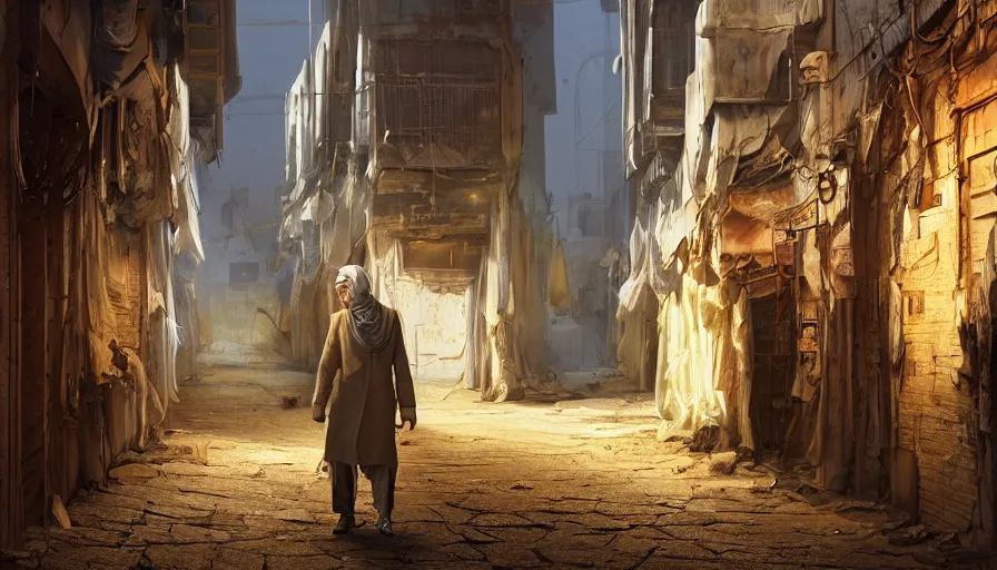 Image similar to old jeddah city alley, roshan, old shops, horse, magical glowing time portal, a nomad wearing a worn out torn coat, dramatic lighting sci fi, by caspar david friedrich by beeple and james gilleard and justin gerard, centered, artstation, smooth, sharp focus, photoreal octane render, 3 d, by jean baptiste monge