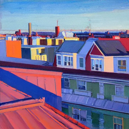 Prompt: Brighton roof tops looking west, evening light, painted by Wayne Thiebaud