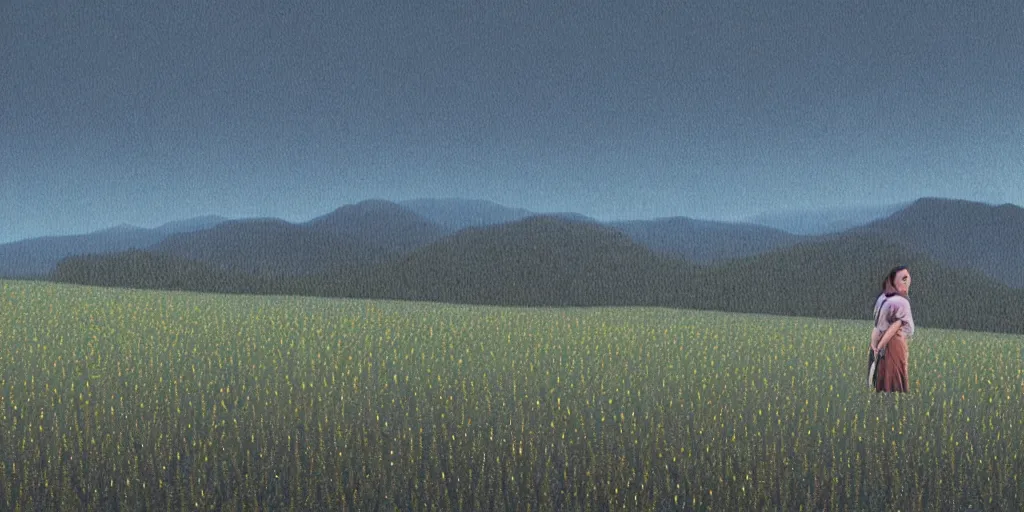 Prompt: large and flowing and panoramic. details are filled in with dots. a woman stands happily in a blue field. in the distance a mountainous forest can be seen. a gray sky with dark blue swirls seems to surround the field.
