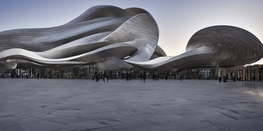 Image similar to extremely elegant smooth detailed stunning sophisticated beautiful elegant futuristic museum exterior by Zaha Hadid, Milan buildings in the background, smooth curvilinear design, stunning volumetric light, stainless steal, concrete, translucent material, beautiful sunset, tail lights