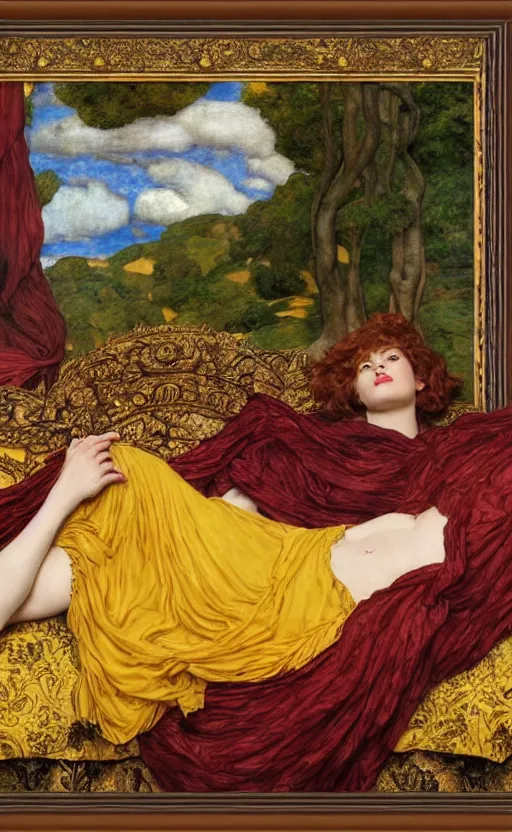 Prompt: preraphaelite full body reclining portrait photography masterpiece hybrid of judy garland and florence welch, foreshortening, brown hair fringe, yellow ochre ornate medieval dress, kilian eng and william holman hunt, frederic leighton, ford madox brown, william morris, framed, 4 k