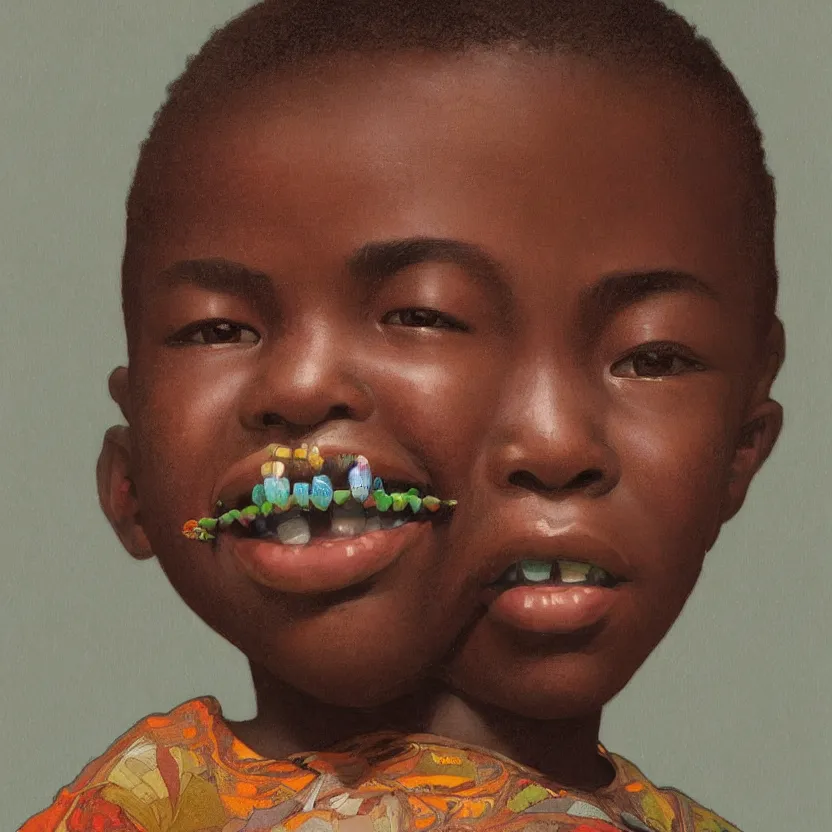 Image similar to colourful upper half portrait of an african boy with sliver teeth grillz, art by hsiao - ron cheng & alphonse mucha, highly detailed, digital painting, ray tracing, concept art, illustration, smooth sharp focus, intricate, symmetry, artstation,