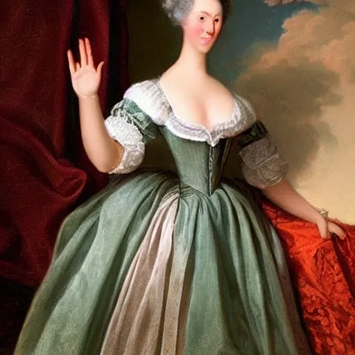 Prompt: a woman in 1 8 th century clothing waving her hands at you, ultrarealistic