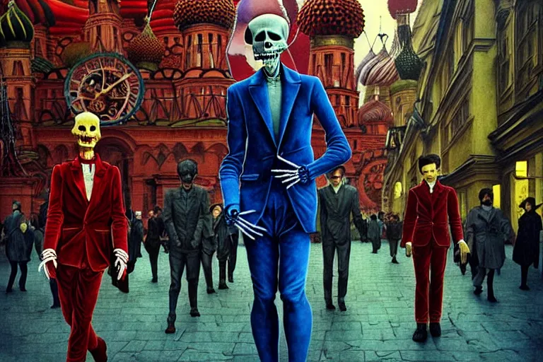 Image similar to realistic detailed photorealistic film portrait shot of a single skeleton wearing crimson velvet blazer in a crowded futuristic moscow street by Denis Villeneuve, Amano, Yves Tanguy, Alphonse Mucha, Ernst Haeckel, Andrei Tarkovsky, Edward Robert Hughes, Roger Dean, rich moody colours, wide angle, blue eyes