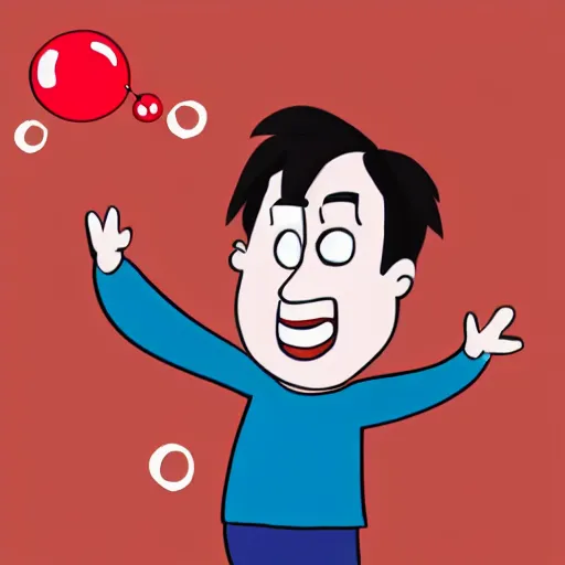 Prompt: cartoon drawing of a man with a red sweatshirt with bubbles on it, and very thin dark hair that goes up