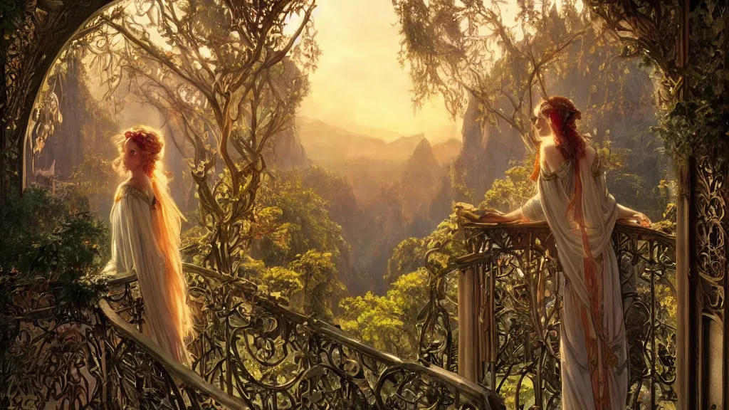 Prompt: a beautiful painting of a beautiful elven girl looking out from her balcony at art nouveau swiss chalet elven rivendell at sunrise, intricate, elegant, highly detailed, digital painting, artstation, concept art, by krenz cushart and artem demura and alphonse mucha