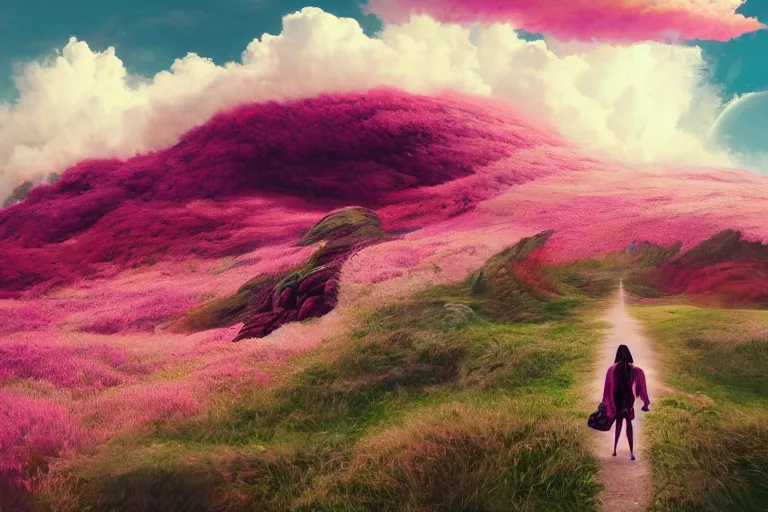 Prompt: giant dahlia flower on the head, girl walking on mountain, surreal photography, pink storm clouds, dramatic light, impressionist painting, digital painting, artstation, simon stalenhag
