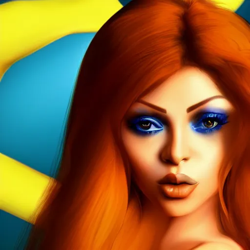 Prompt: portait of haifa wehbe, perfect lips, long hair blue yellow centred, hd, digital painting, unreal engine, final fantasy style, amazing red orange background theme