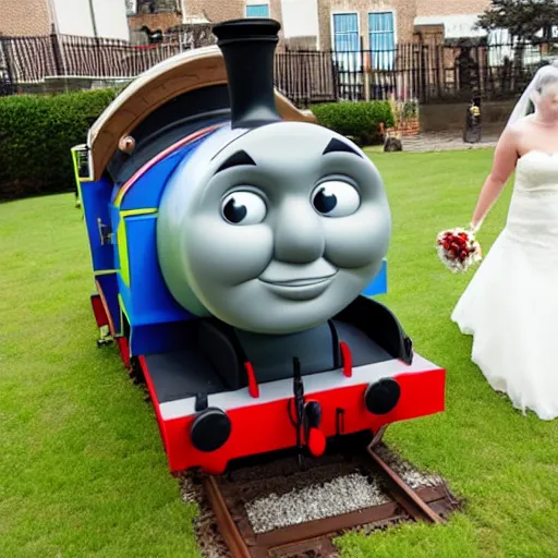 Prompt: thomas the tank engine getting married at his wedding