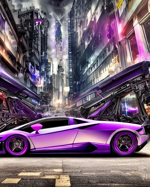 Image similar to hyper detailed purple lamborghini transformer, mecha cyberpunk city street background, 8 k photograph, dramatic lighting,