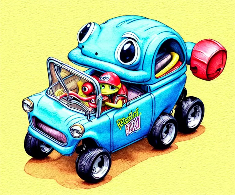 Prompt: cute and funny, baby giraffe wearing a helmet riding in a tiny hot rod with oversized engine, ratfink style by ed roth, centered award winning watercolor pen illustration, isometric illustration by chihiro iwasaki, edited by range murata, tiny details by artgerm and watercolor girl, symmetrically isometrically centered
