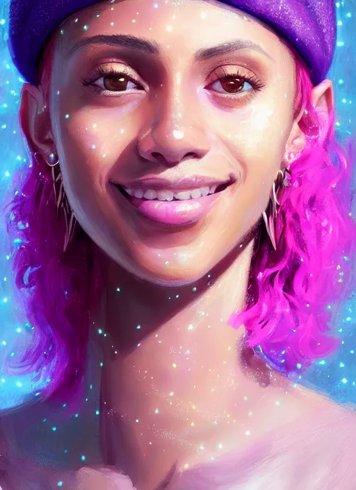 Prompt: portrait of teenage vanessa morgan with bright pink hair, vanessa morgan, curly pixie cut hair, wearing a purple breton cap, breton cap, subtle confident smile, hoop earrings, intricate, elegant, glowing lights, highly detailed, digital painting, artstation, concept art, smooth, sharp focus, illustration, art by wlop, mars ravelo and greg rutkowski