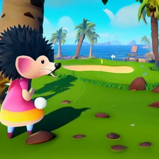 Prompt: hedgehog playing golf in sea of thieves, cute, colourful, happy, adorable