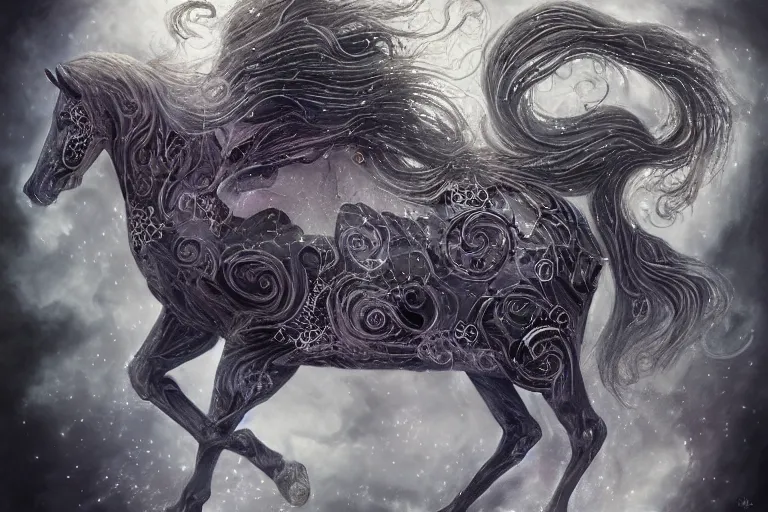 Image similar to a wlop 3 d render of very very very very highly detailed beautiful mystic portrait of a phantom undead horse with whirling galaxy around, tattoos by anton pieck, intricate, extremely detailed, digital painting, artstation, concept art, smooth, sharp focus, illustration, intimidating lighting, incredible art,