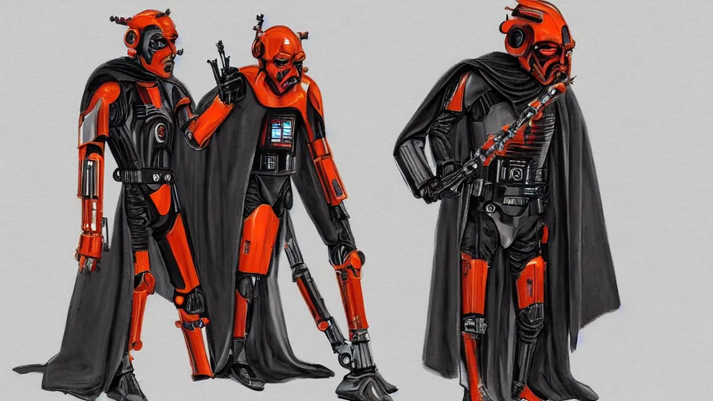 Image similar to A KX-Series security droid from star wars wearing a hooded cloak and welding an orange lightsaber similar to Darth Maul\'s, extremely detailed, concept art