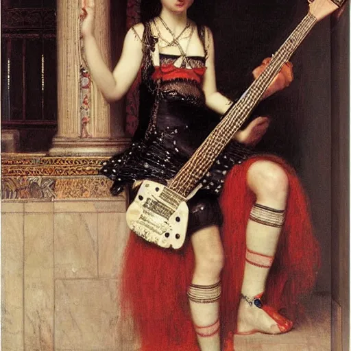 Image similar to Goth girl playing electric guitar by Mario Testino, oil painting by Lawrence Alma-Tadema, masterpiece