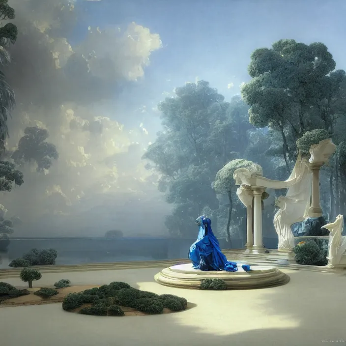 Prompt: gardens of marble draped in flowing sheets of cobalt blue satin and silver satin, by ivan aivazovsky and syd mead and moebius and joseph wright and roger dean and pieter claesz and paul delaroche and alma tadema and august malmstrom and caspar david friedrich and aelbert cuyp, hyperrealistic, volumetric light, octane render