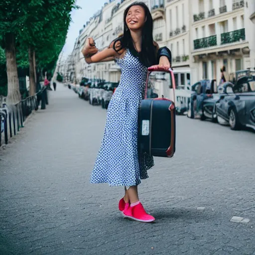 Prompt: beautiful tourist girl in a summer dress, walking in paris with her suitcase, cozy afternoon