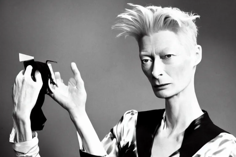 Image similar to Tilda Swinton at a casino in the style of Cowboy Bebop, wide shot