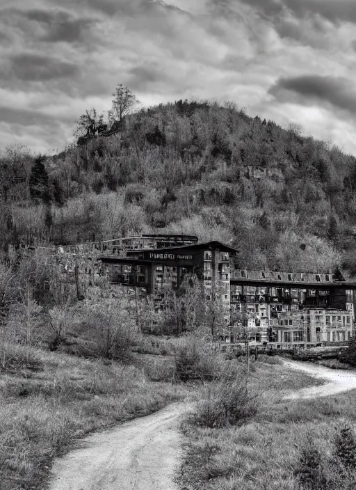 Image similar to old lost footage in black and white of a sanatorium on a beautiful mountain,hyper realistic 8K HD real life photo