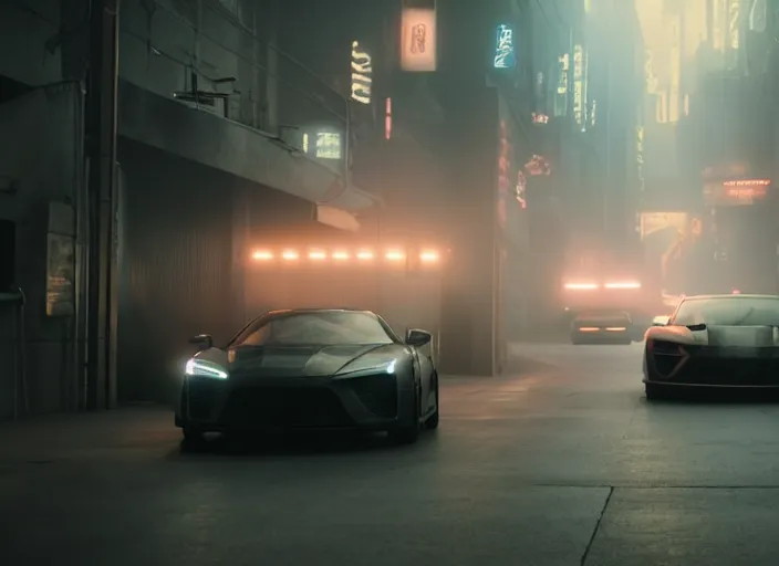 Image similar to Bladerunner 2049 scene front view sports car in small garage dark atmospheric volumetric lighting grungy moody dark cinematic Roger Deakins Cinematography futuristic cyberpunk car GTR NSX Audi R8 S14 Evo X Z06 ikuo maeda Newton Thomas Sigel bladerunner 2049 screen cap still