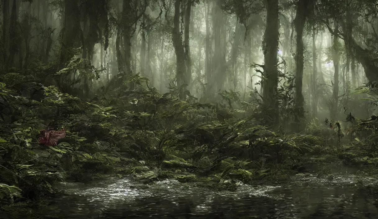 Prompt: monstrous carnivorous plants hunting insect in prehistorical forest, murky water, reflections, contrasting light, attention to detail, dark and dramatic atmosphere, volumetric fog, raytracing, back light, raymarching, by ilm, by digital domain, by weta digital