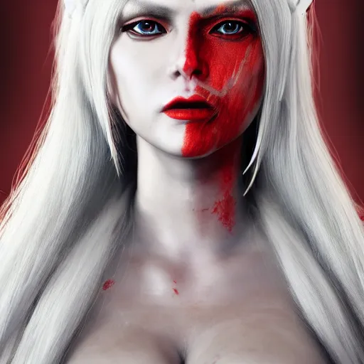 Image similar to a highly detailed portrait of a humanoid demon girl with white hair, red horns, in white clothes, artstation, deviantart, professional, unreal engine 5, photorealistic