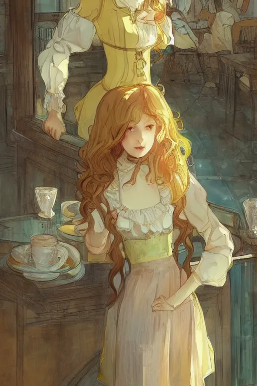 Image similar to A girl in a maid's outfit in a cafe a afternoon, wavy hair yellow theme,S line,45 angel by krenz cushart and mucha and trnyteal