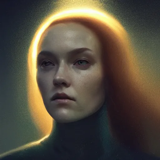 Image similar to Riveting female android human hybrid portrait, atmospheric lighting, painted, intricate, volumetric lighting, beautiful, golden hour, sharp focus, ultra detailed, by Leesha Hannigan, Ross Tran, Thierry Doizon, Kai Carpenter, Ignacio Fernández Ríos