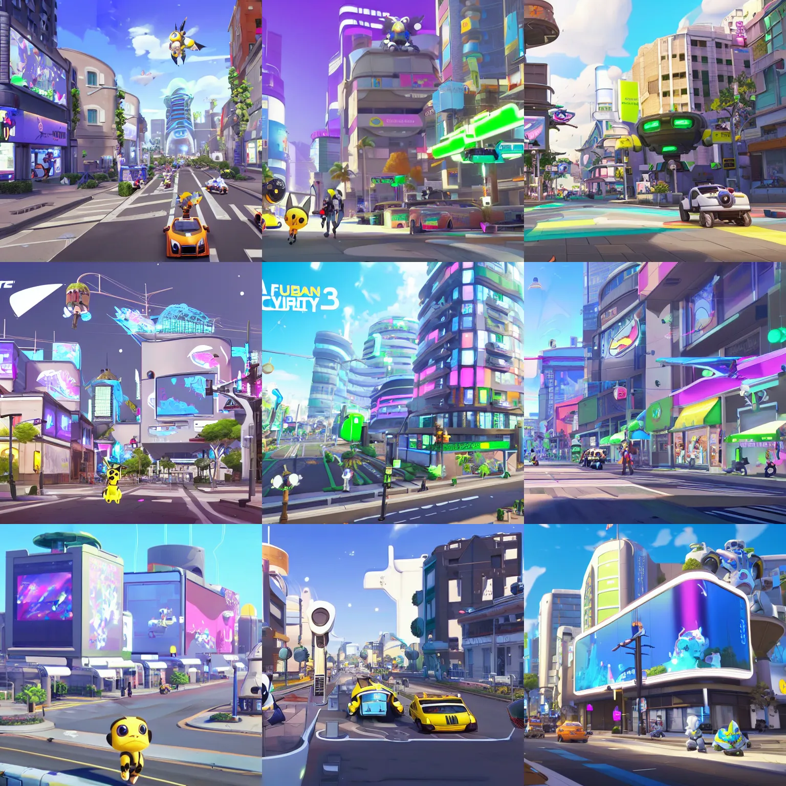 Prompt: a future urban city, white buildings + colorful decorative + led billboards + brand logo, cute future vehicles, cute pokemon walking on the street, cute scene, dokev, ratchet & clank, overwatch, splatoon 3